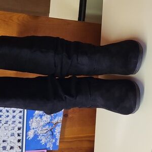 Black faux suede calf high slouch boots